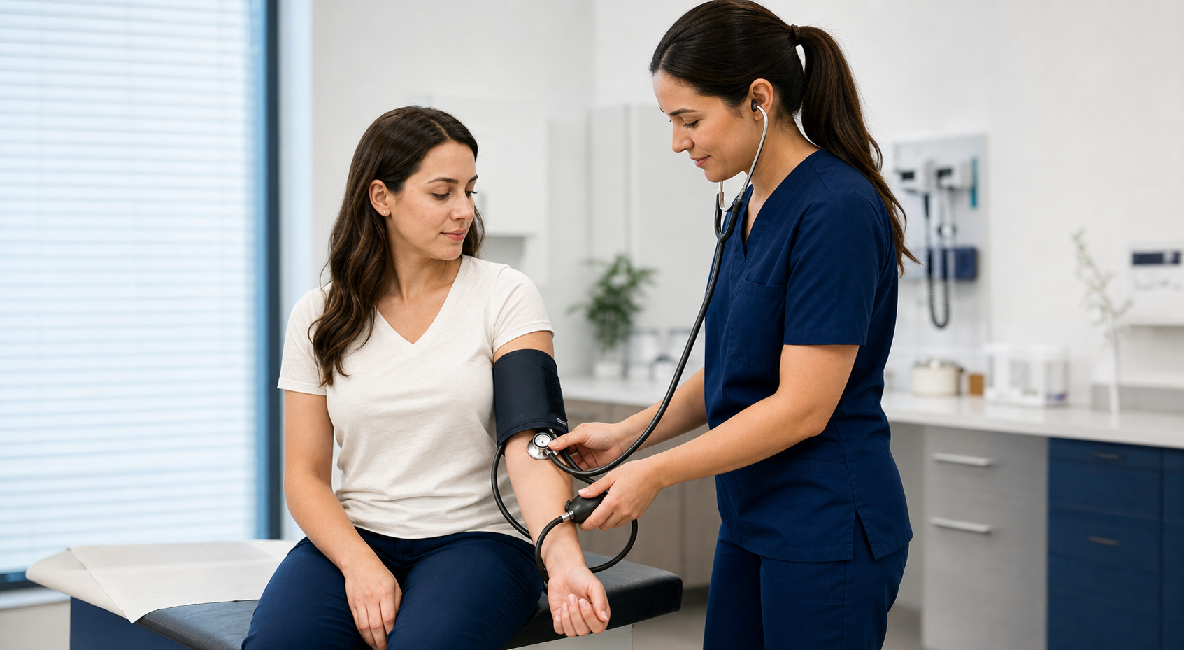 Clinician manually measuring a seated patient's blood pressure with a cuff and stethoscope