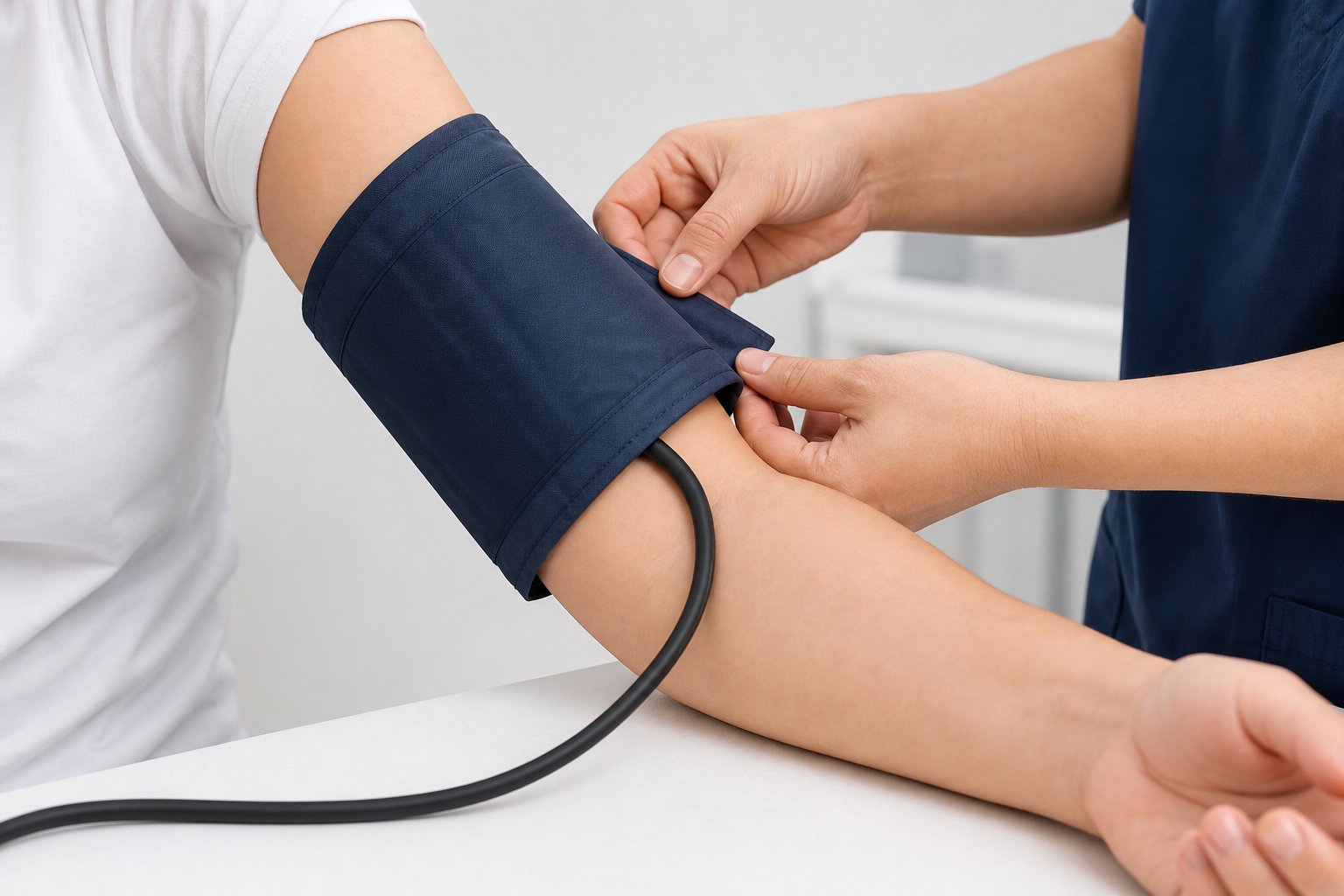 Close-up of a blood pressure cuff placed smoothly on a bare upper arm above the elbow