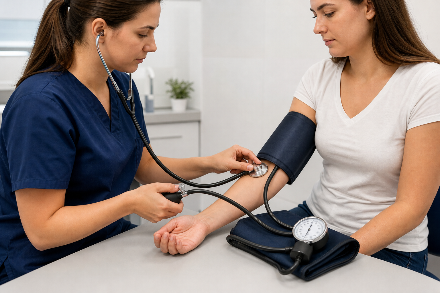 Clinician listening with a stethoscope while slowly deflating the blood pressure cuff