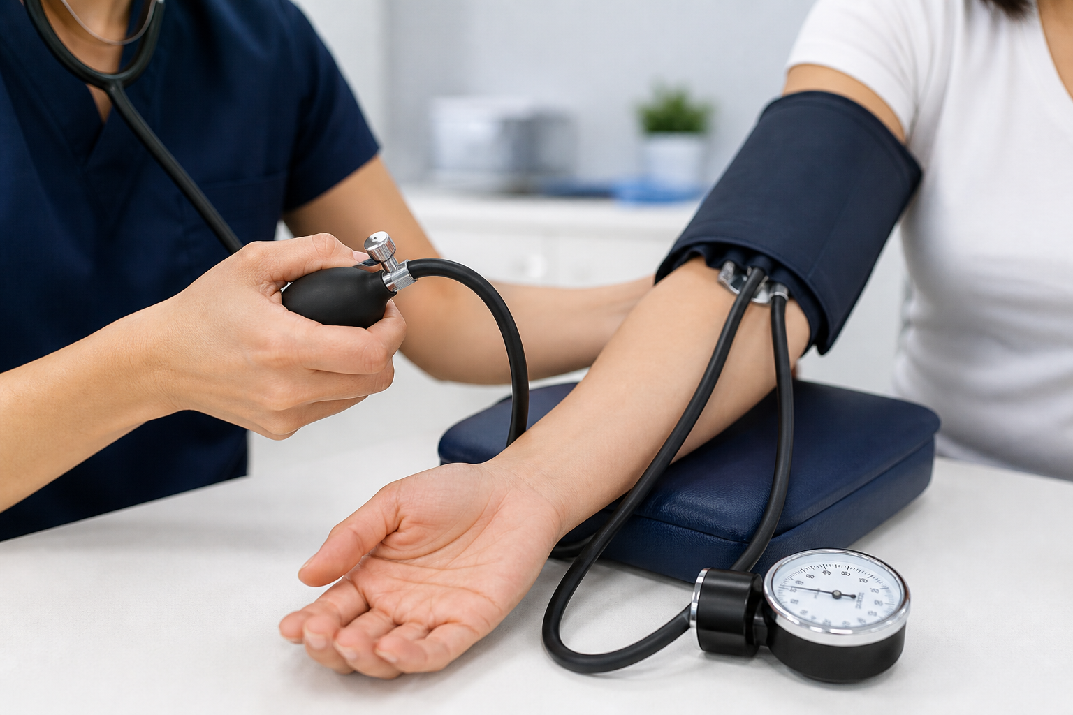 Clinician inflating a manual blood pressure cuff with the bulb while the gauge is visible