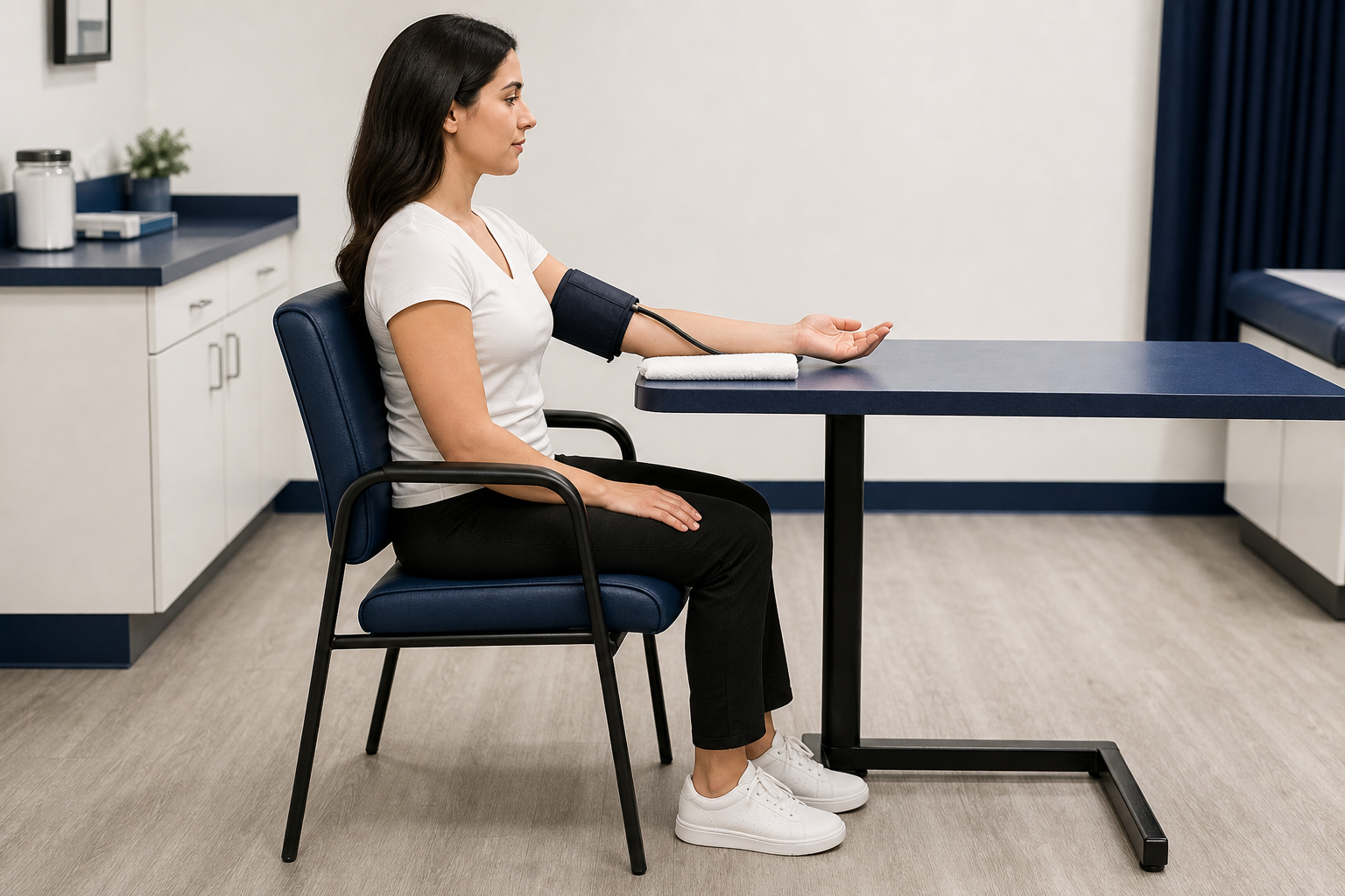 Patient sitting with back supported, feet flat, and arm resting at heart level for a blood pressure reading