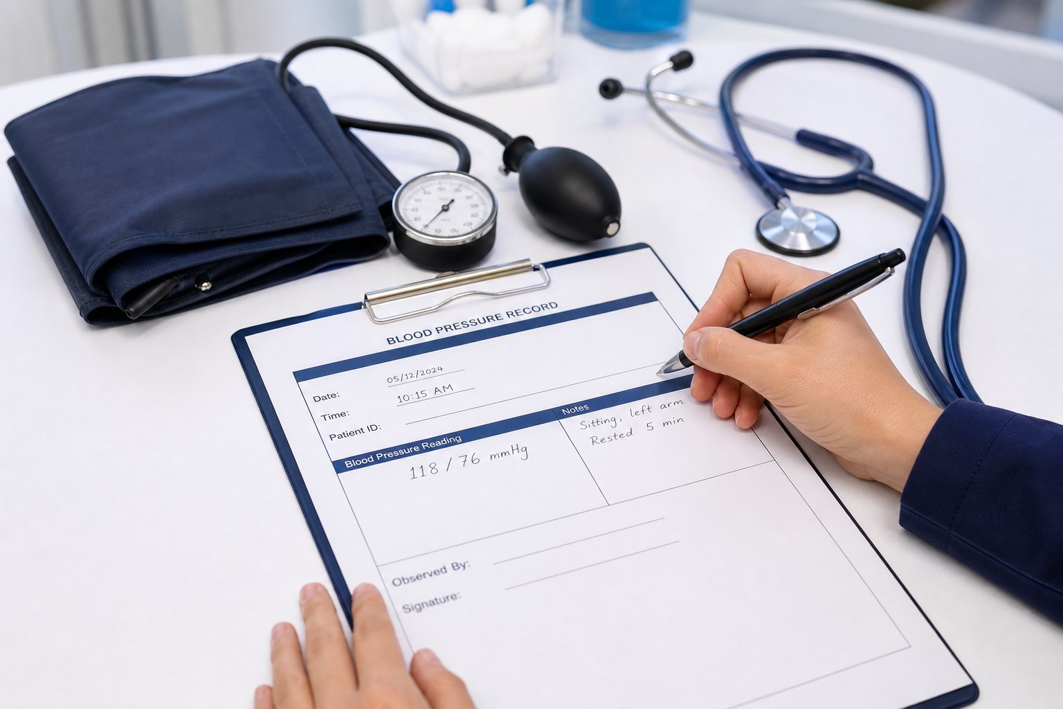 Manual blood pressure cuff, gauge, bulb, stethoscope, pen, and chart on a clean clinic desk