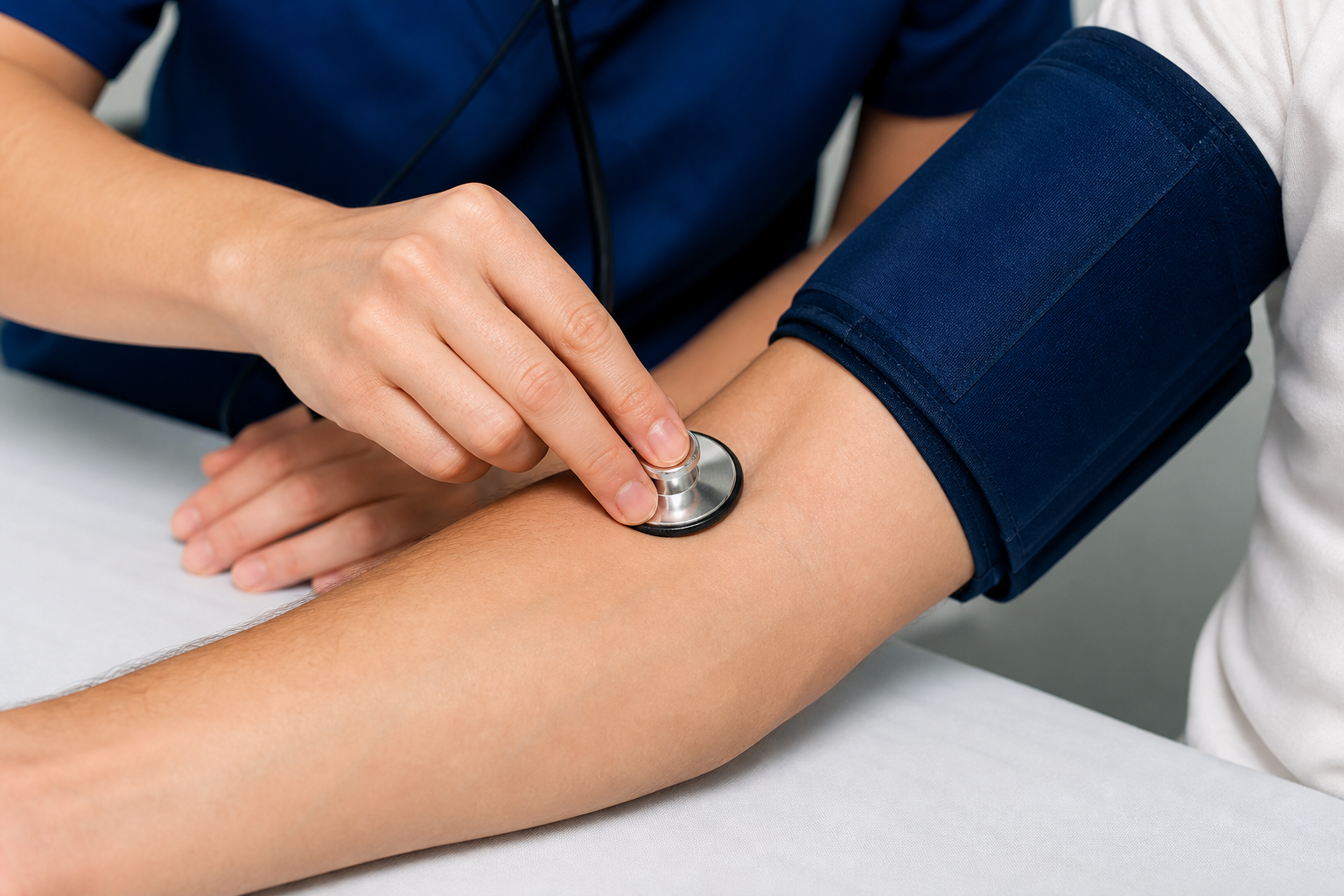 Stethoscope diaphragm placed lightly inside the bend of the elbow below a blood pressure cuff
